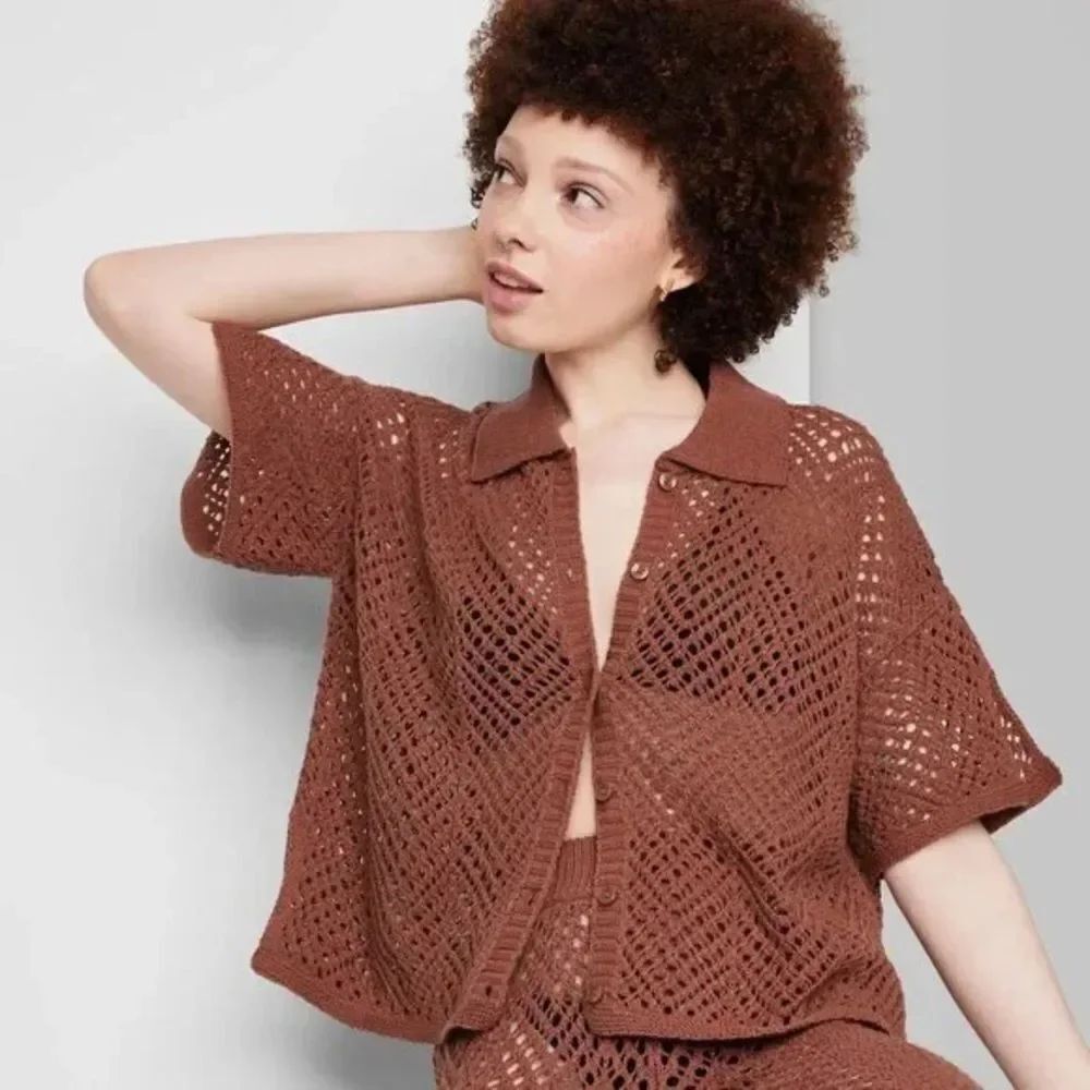Target Wild Fable Brown Open Work Crochet Button-Up Cardigan Top Size M